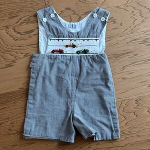 Grey Gingham Race Car Smocked
Embroidered Romper